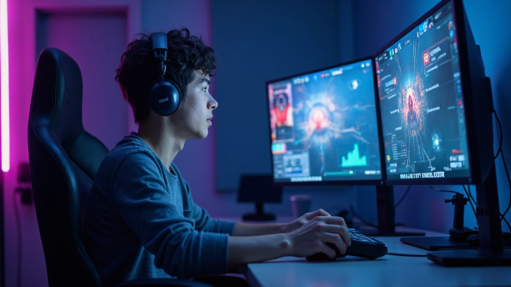 Gaming-Szene mit Cloud-Streaming-Technologie, Spieler hält Controller vor glühenden Bildschirm