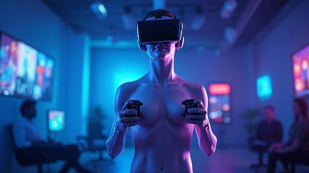 Benutzer mit VR-Headset in moderner interaktiver Umgebung, vollständiger Körper sichtbar, beide Hände mit Controllern, professionelle Fotografie